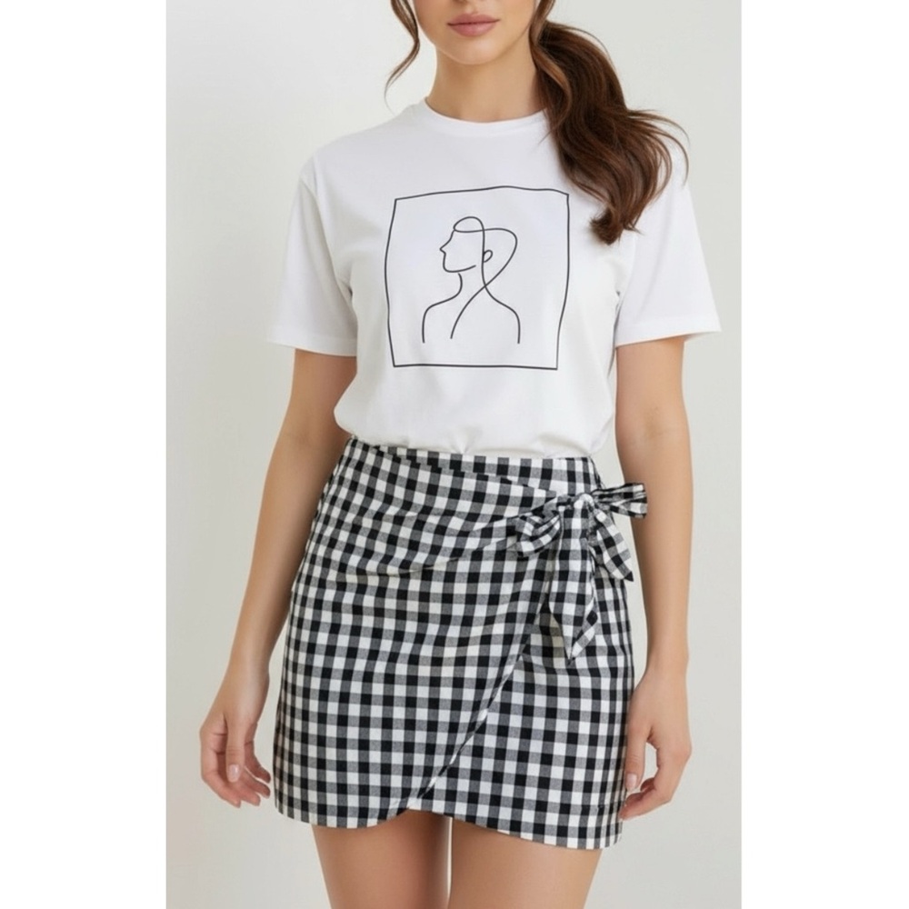 Sezane Black and White Gingham Wrap Mini Skirt